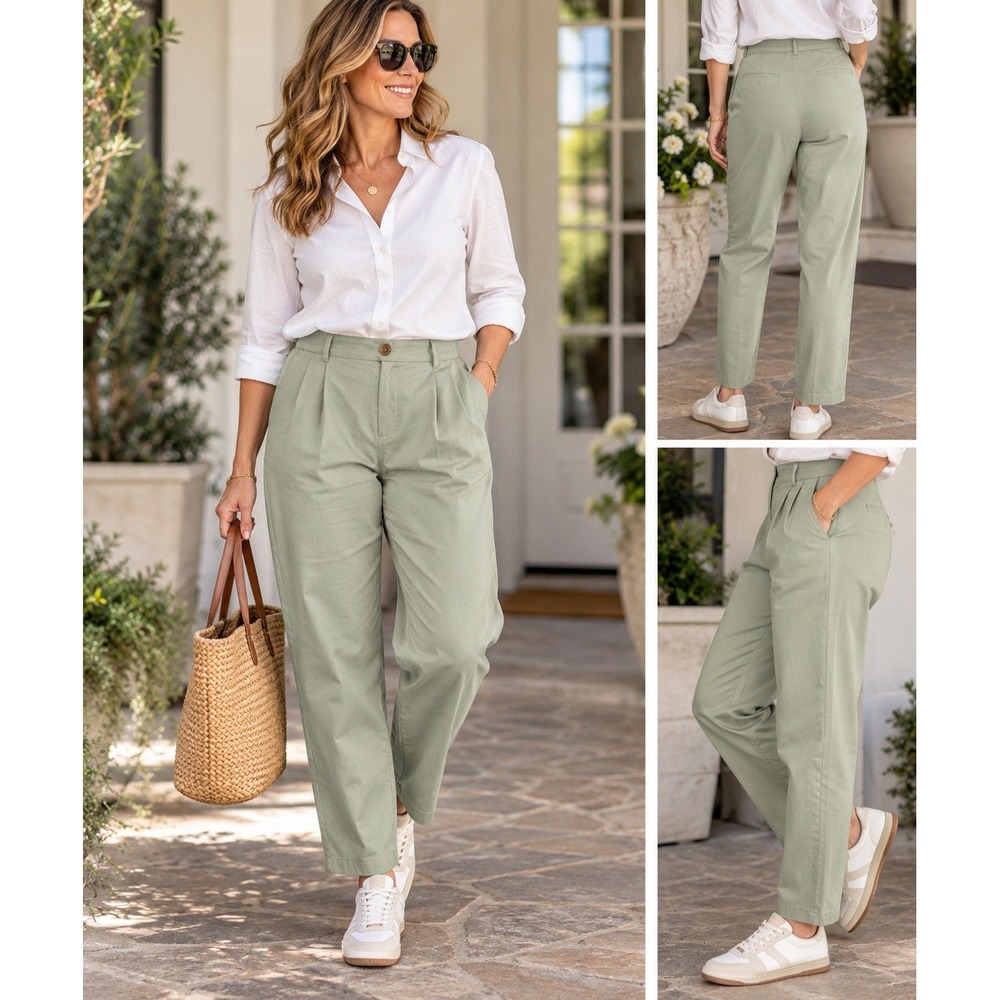 Lands' End Women's Size 18 Sage Green 100% Cotton Pleated Chino Pants